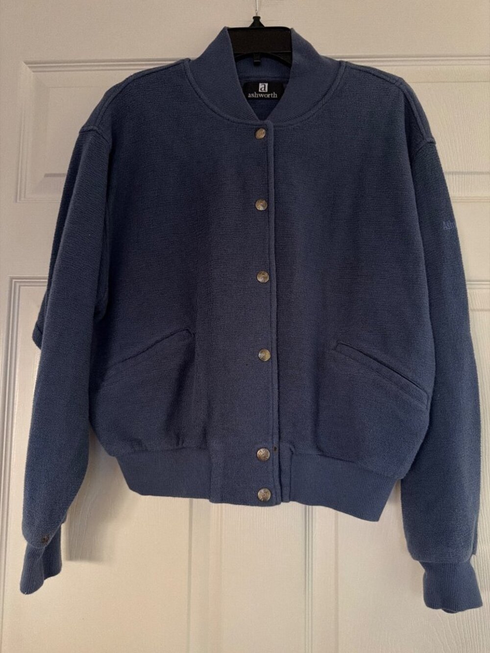 Ashworth Blue 100% Cotton Button-Up Bomber Jacket With Ribbed Cuffs & Hem - Made